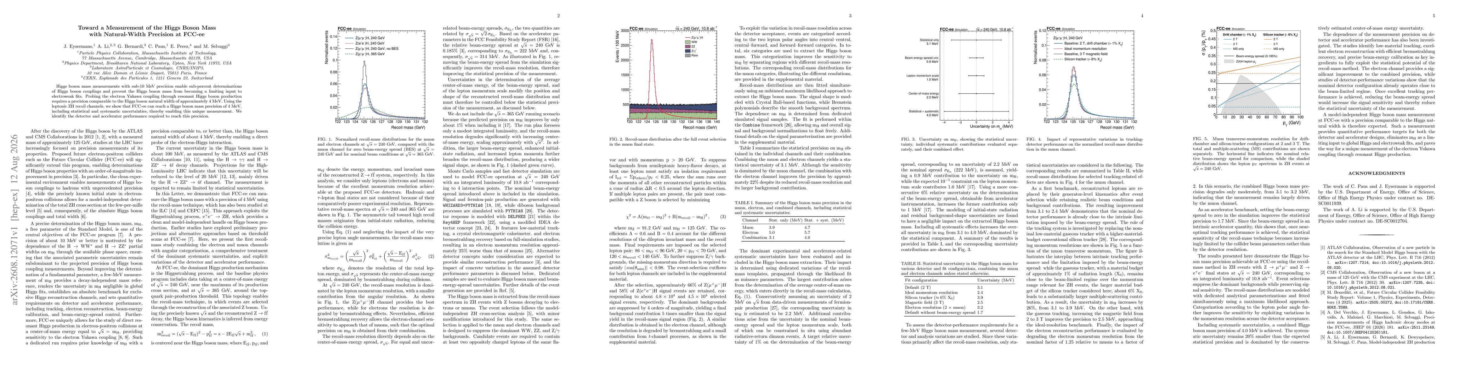 Thumbnail for Toward a Measurement of the Higgs Boson Mass with Natural-Width Precision at FCC-ee