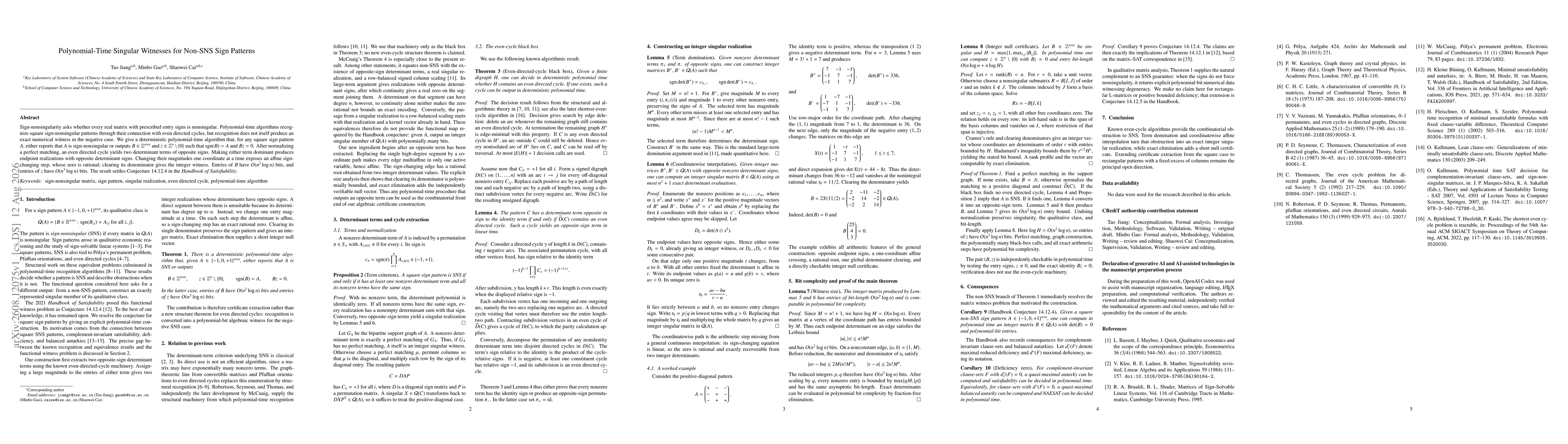 Thumbnail for Polynomial-Time Singular Witnesses for Non-SNS Sign Patterns