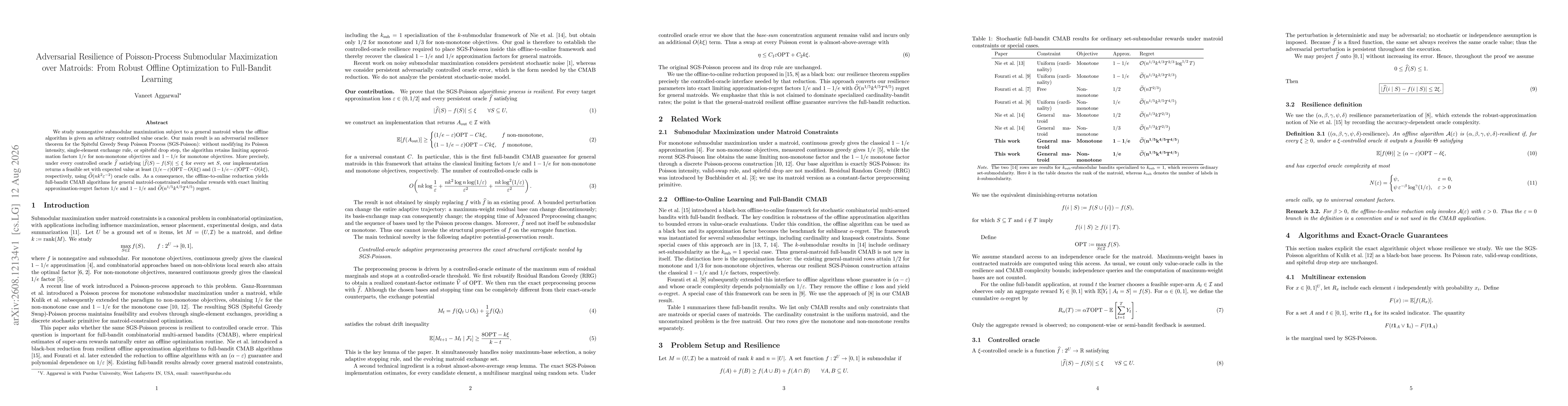 Thumbnail for Adversarial Resilience of Poisson-Process Submodular Maximization over Matroids: From Robust Offline Optimization to Full-Bandit Learning