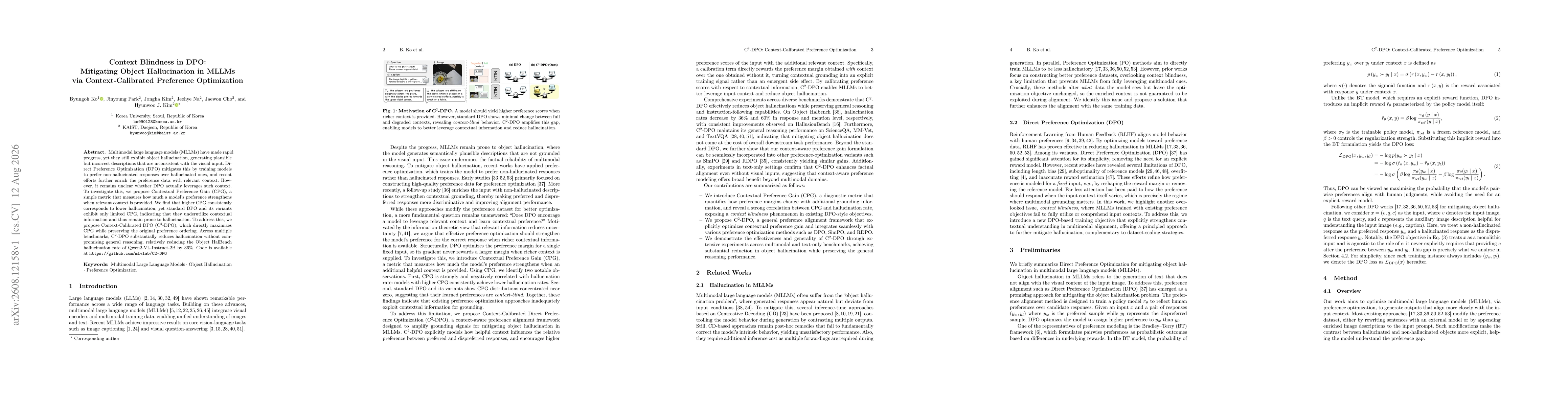 Thumbnail for Context Blindness in DPO: Mitigating Object Hallucination in MLLMs via Context-Calibrated Preference Optimization