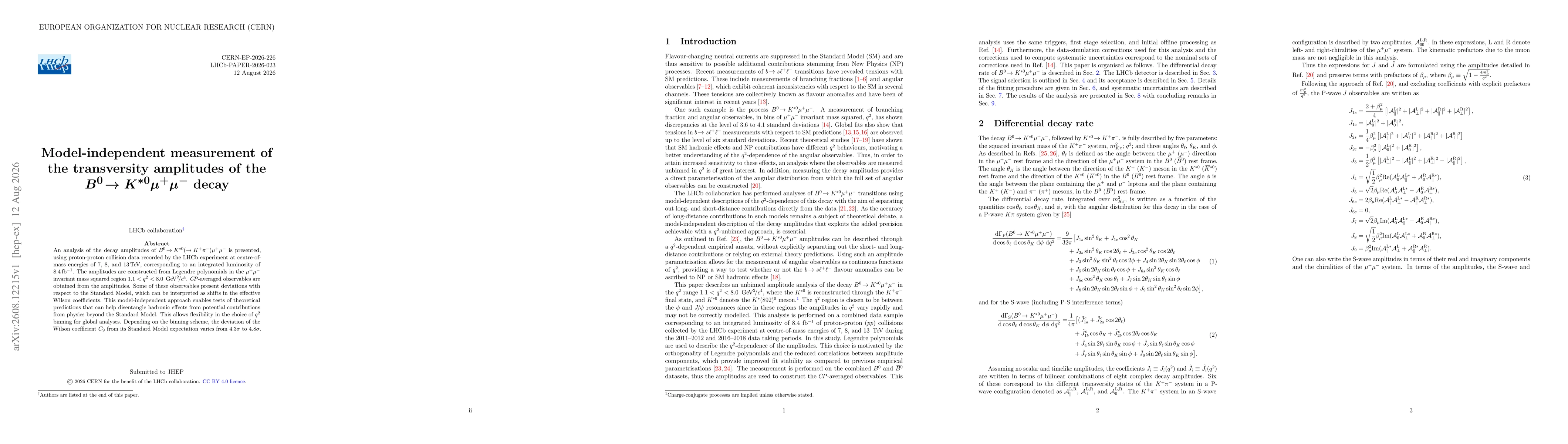 Thumbnail for Model-independent measurement of the transversity amplitudes of the $B^0\to K^{*0}μ^+μ^-$ decay