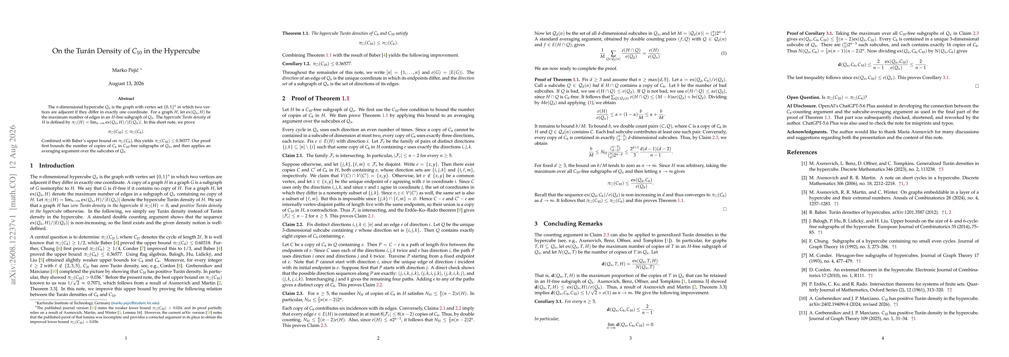 Thumbnail for On the Turán Density of $C_{10}$ in the Hypercube
