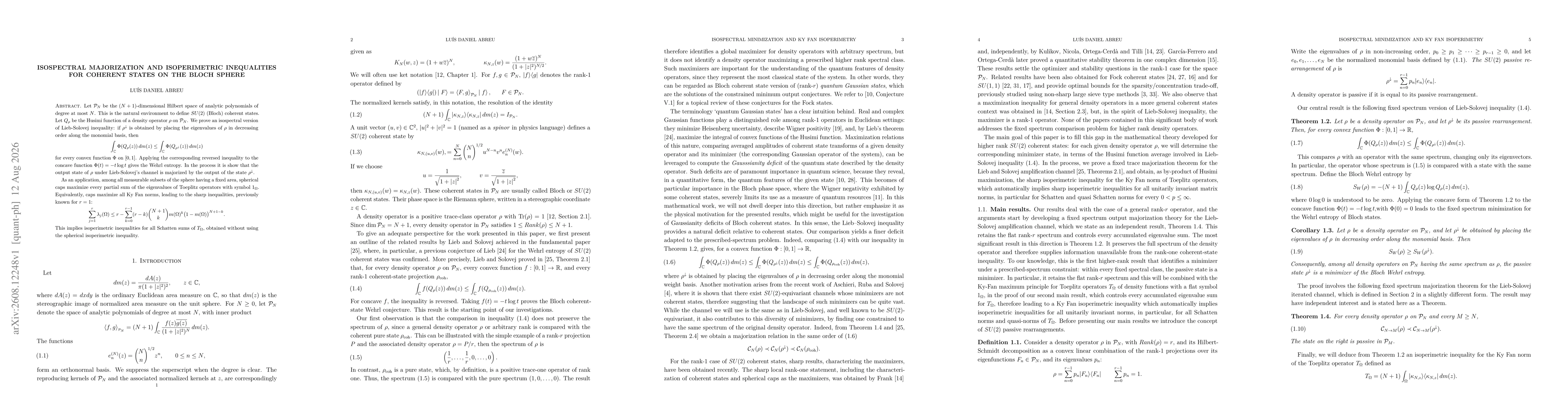 Thumbnail for Isospectral majorization and isoperimetric inequalities for coherent states on the Bloch sphere