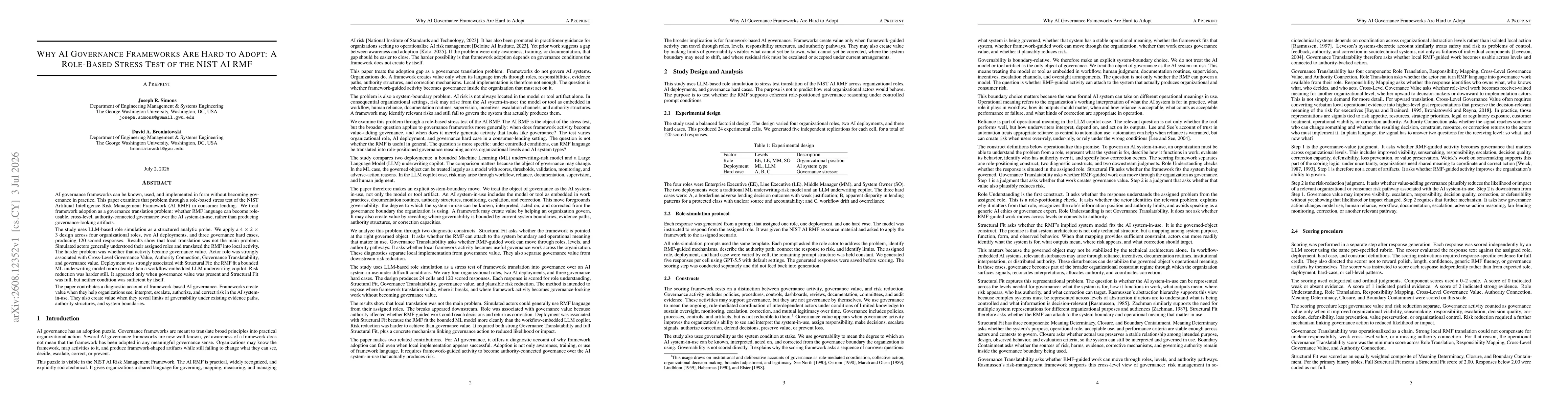 Thumbnail for Why AI Governance Frameworks Are Hard to Adopt: A Role-Based Stress Test of the NIST AI RMF