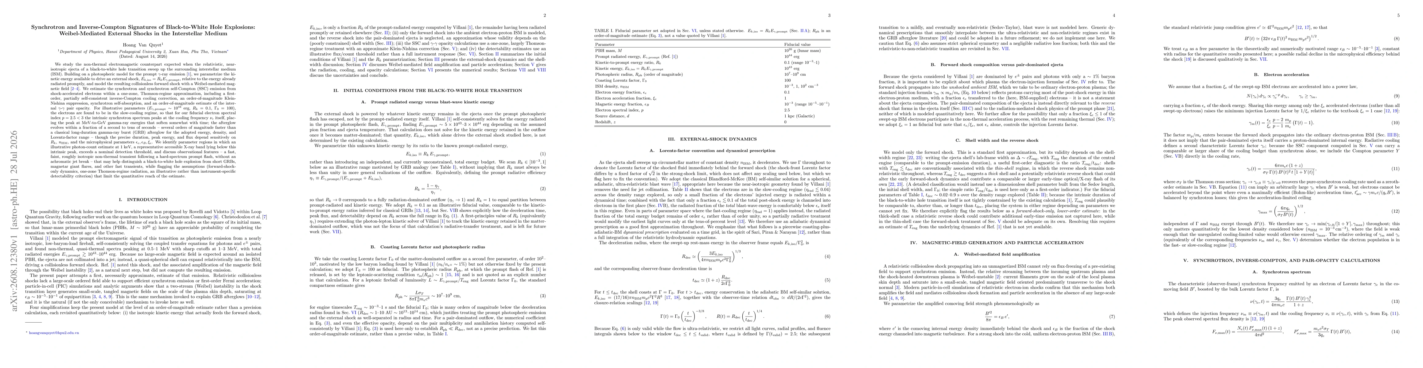 Thumbnail for Synchrotron and Inverse-Compton Signatures of Black to White Hole Explosions: Weibel-Mediated External Shocks in the Interstellar Medium