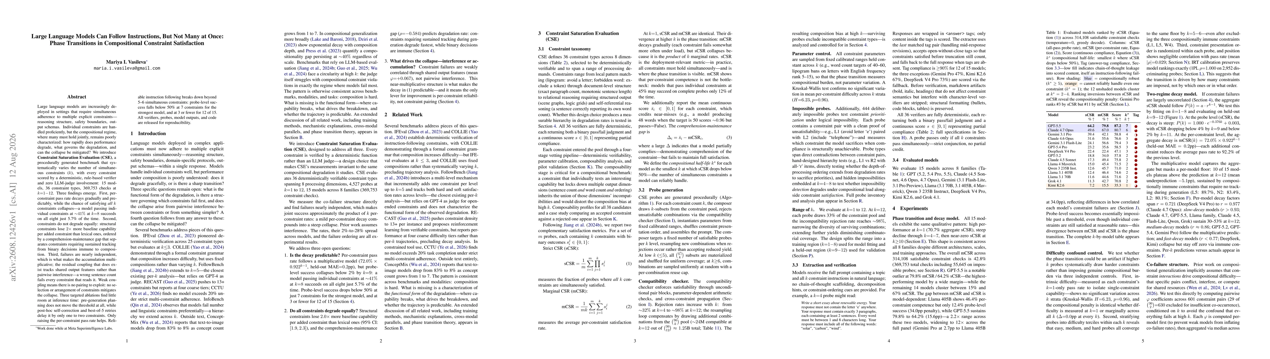 Thumbnail for Large Language Models Can Follow Instructions, But Not Many at Once: Phase Transitions in Compositional Constraint Satisfaction