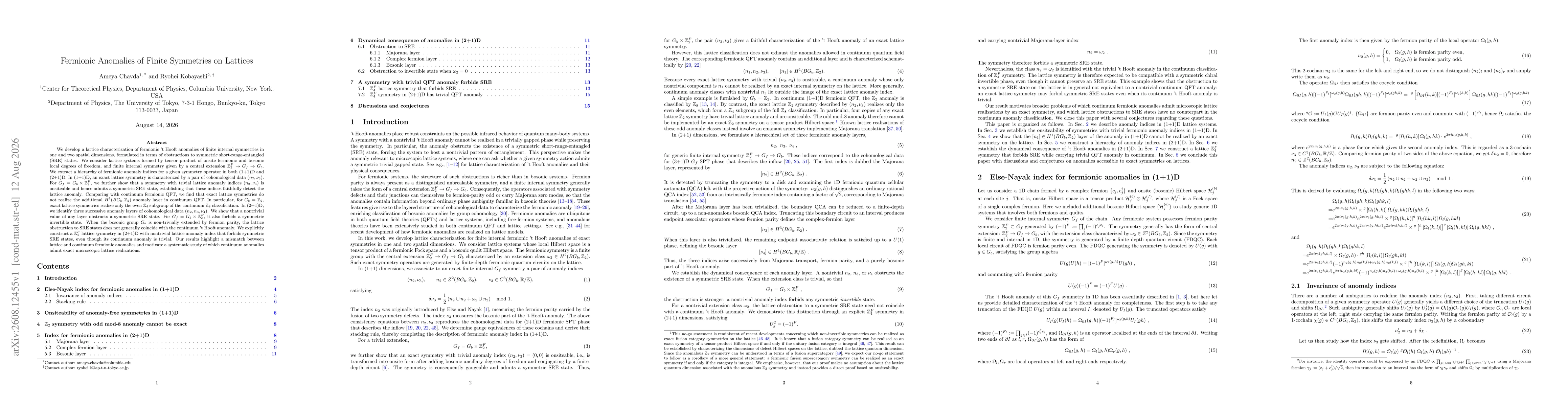 Thumbnail for Fermionic Anomalies of Finite Symmetries on Lattices