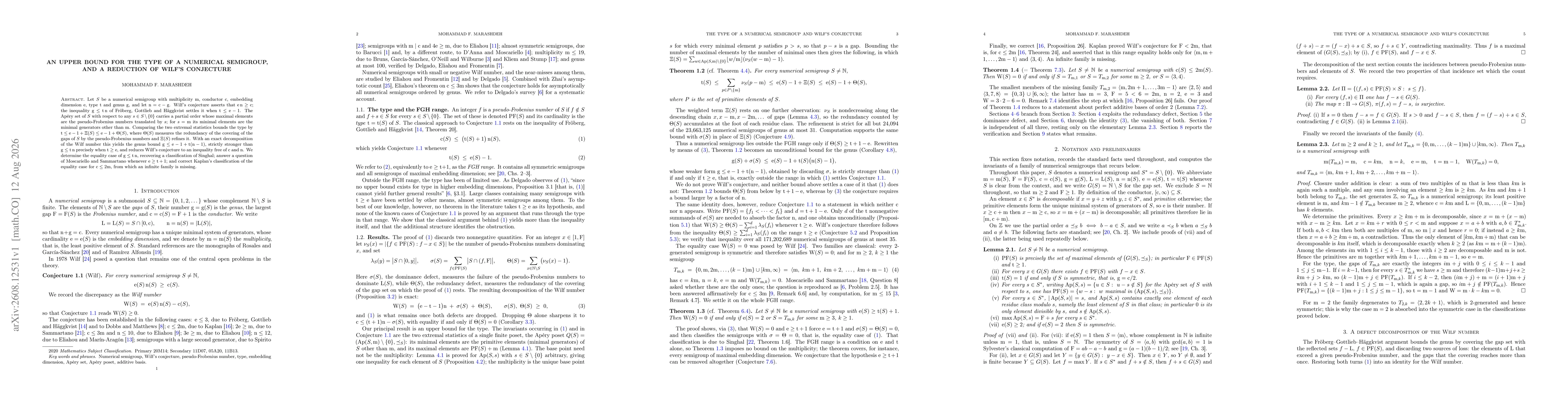 Thumbnail for An upper bound for the type of a numerical semigroup, and a reduction of Wilf's conjecture