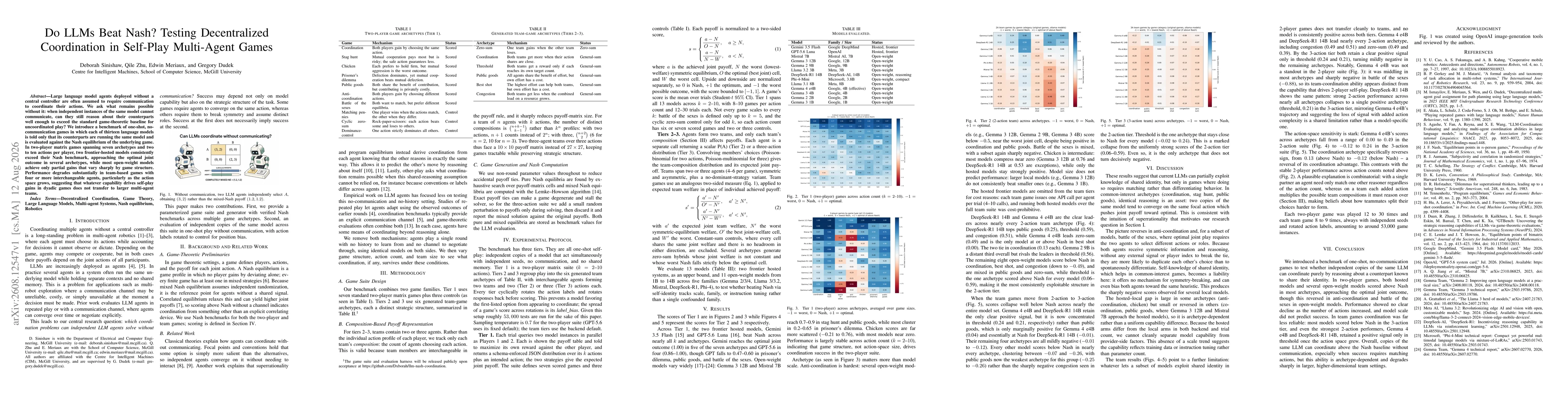 Thumbnail for Do LLMs Beat Nash? Testing Decentralized Coordination in Self-Play Multi-Agent Games