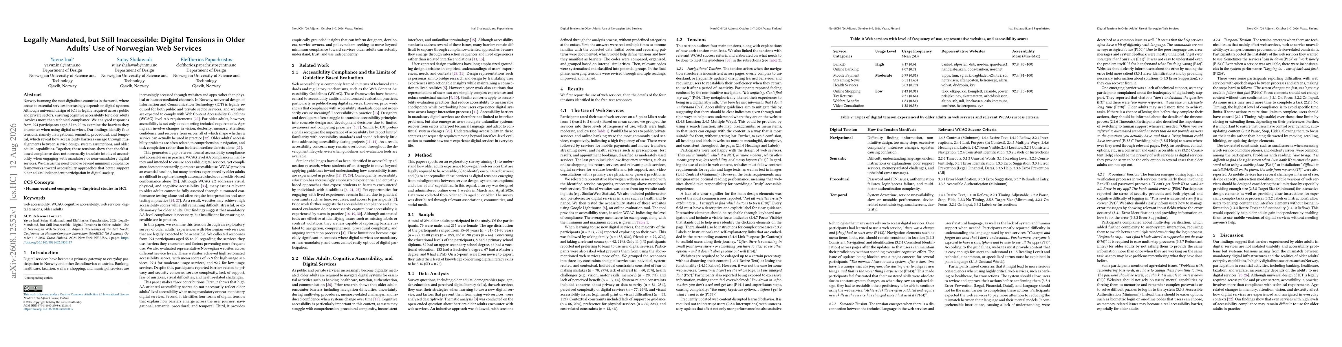 Thumbnail for Legally Mandated, but Still Inaccessible: Digital Tensions in Older Adults' Use of Norwegian Web Services