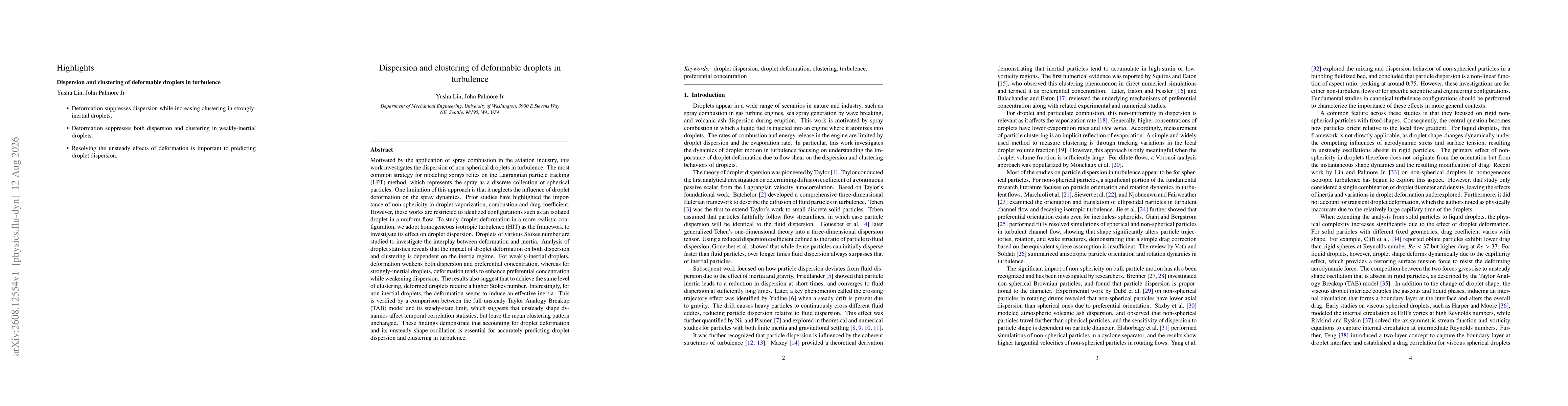 Thumbnail for Dispersion and clustering of deformable droplets in turbulence