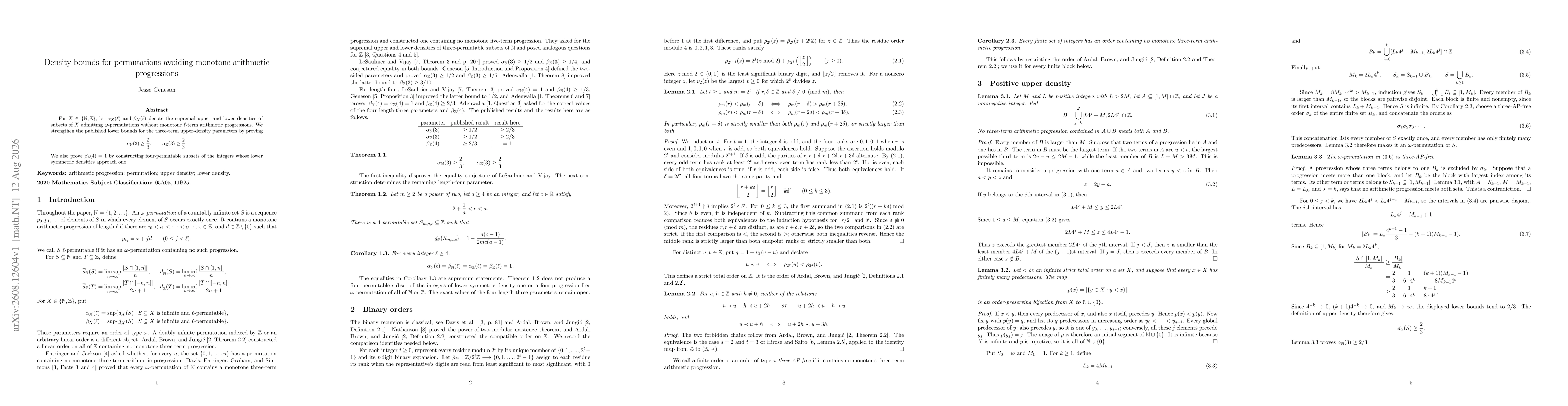 Thumbnail for Density bounds for permutations avoiding monotone arithmetic progressions