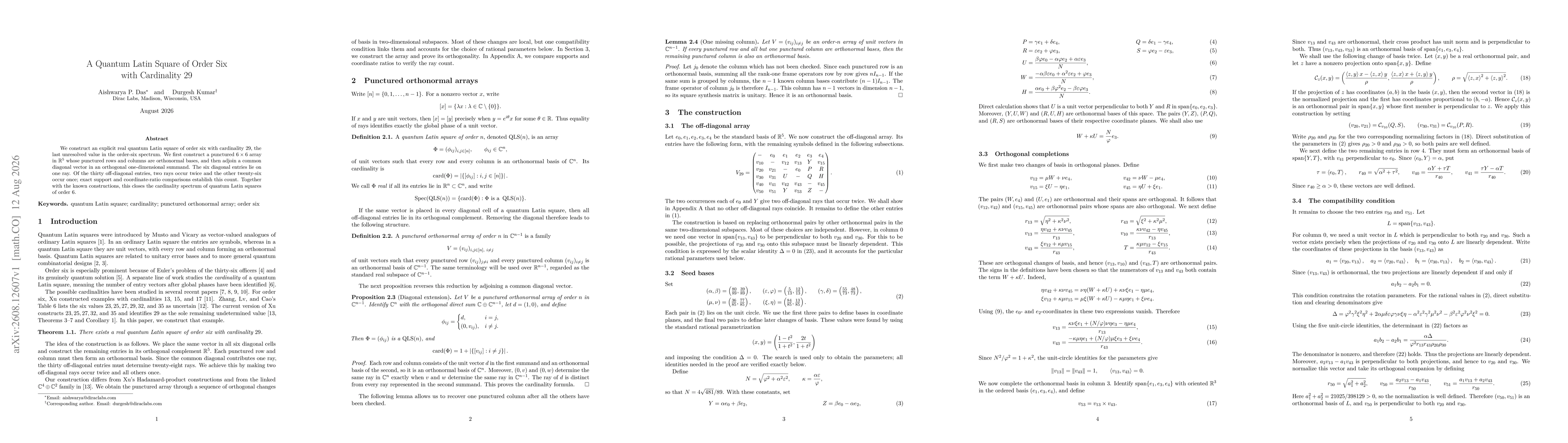 Thumbnail for A Quantum Latin Square of Order Six with Cardinality 29