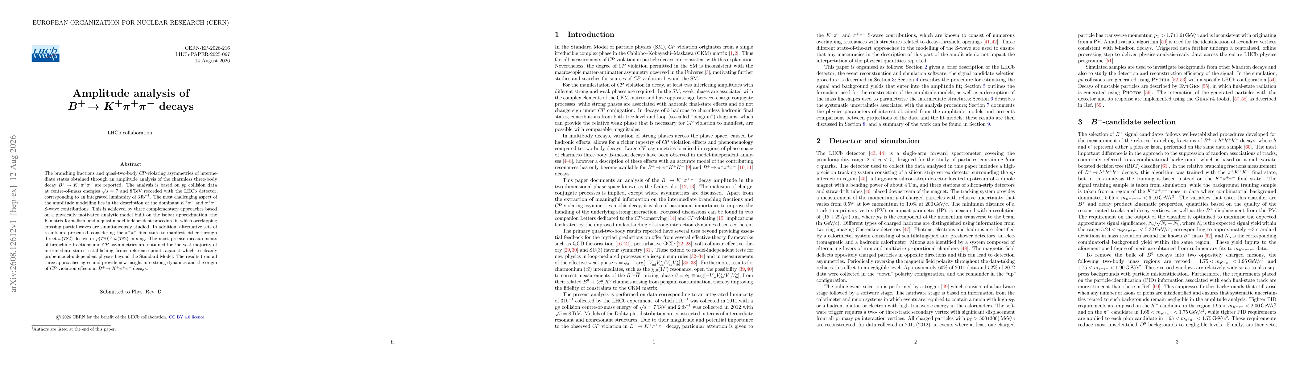 Thumbnail for Amplitude analysis of $B^+ \!\to K^+ π^+ π^-$ decays
