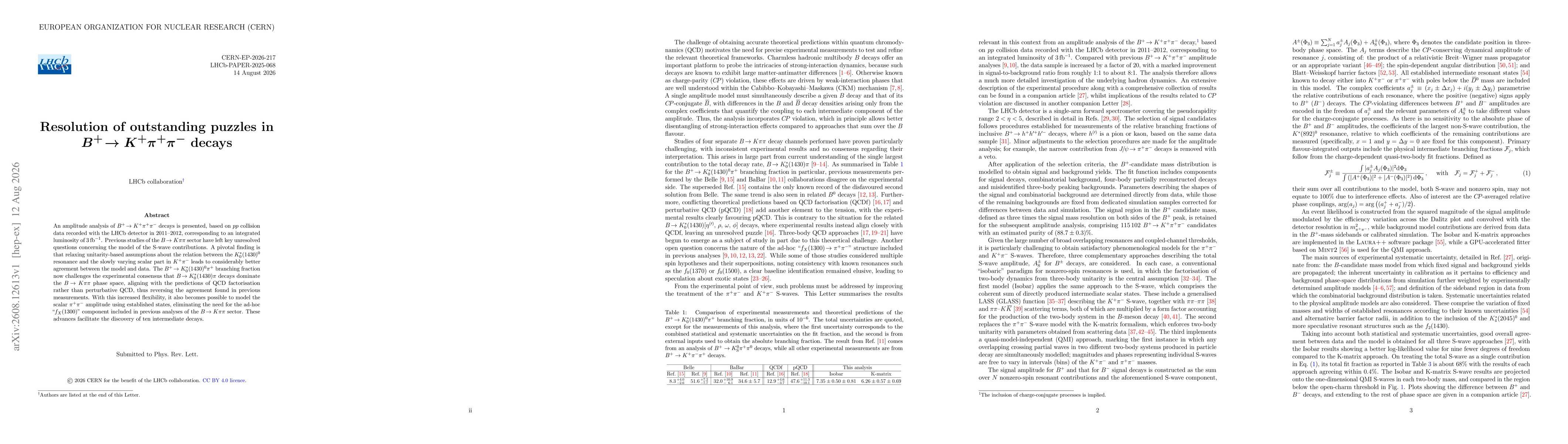Thumbnail for Resolution of outstanding puzzles in $B^+ \!\to K^+ π^+ π^-$ decays