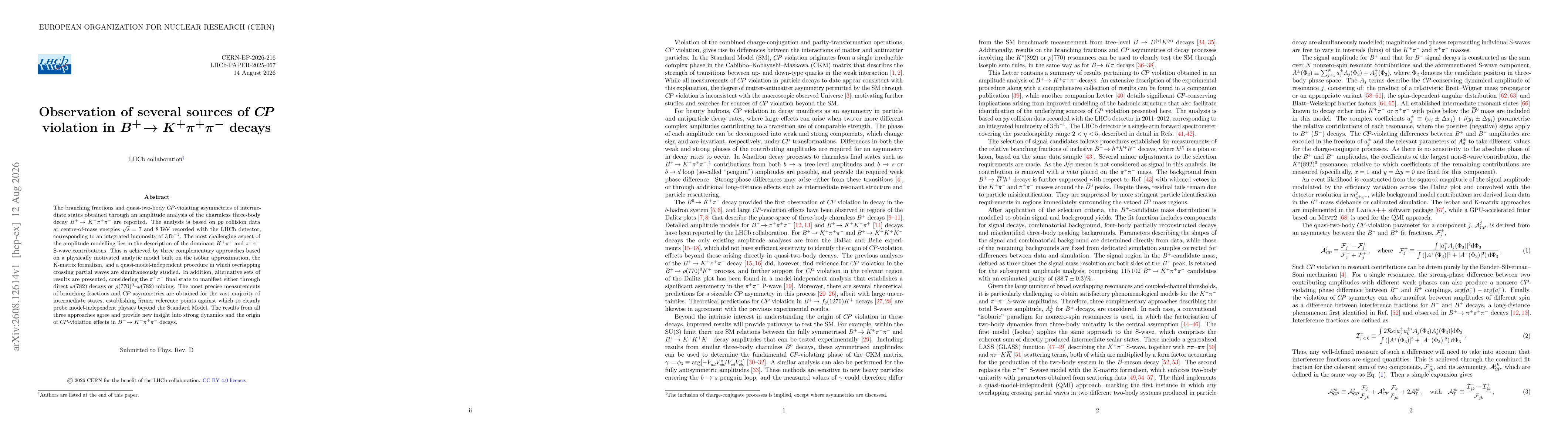 Thumbnail for Observation of several sources of $C\!P$ violation in $B^+ \!\to K^+ π^+ π^-$ decays