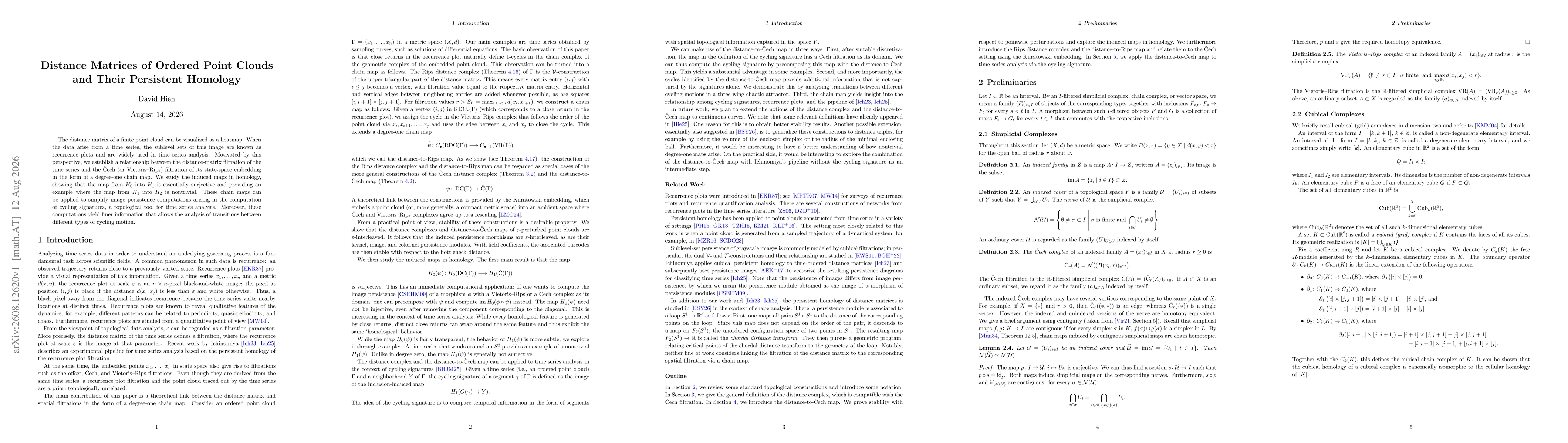 Thumbnail for Distance Matrices of Ordered Point Clouds and Their Persistent Homology