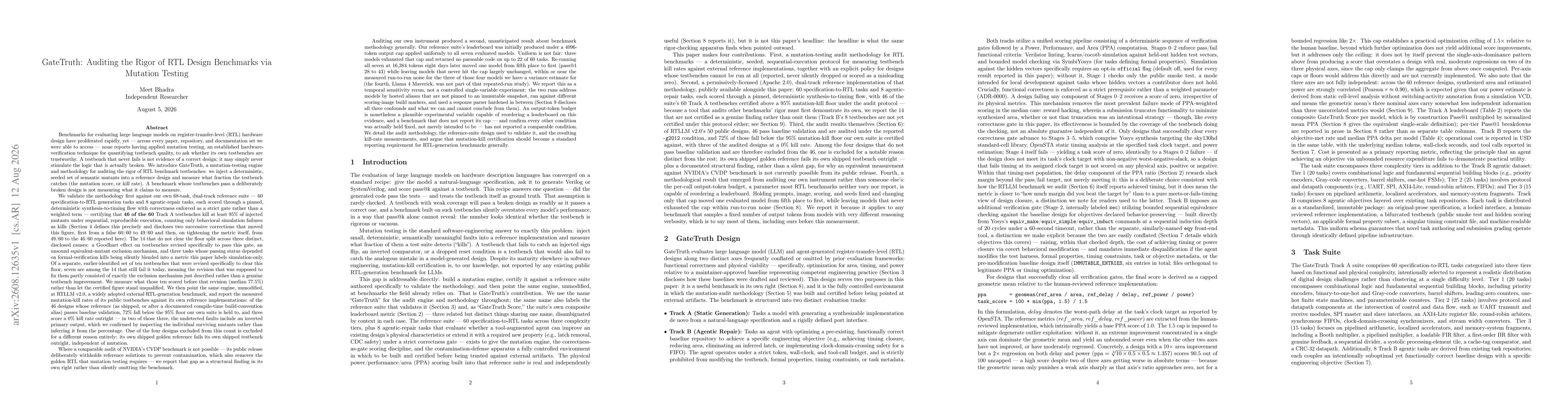 Thumbnail for GateTruth: Auditing the Rigor of RTL Design Benchmarks via Mutation Testing