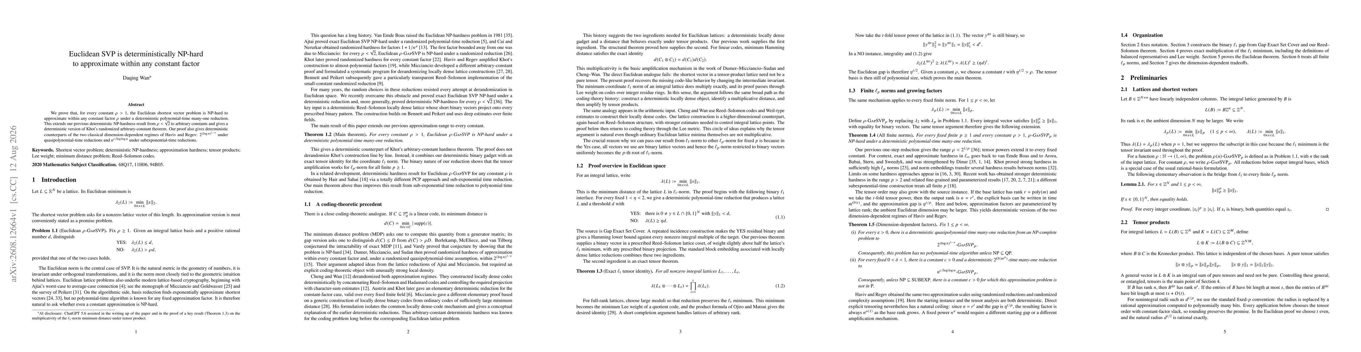 Thumbnail for Euclidean SVP is deterministically NP-hard to approximate within any constant factor