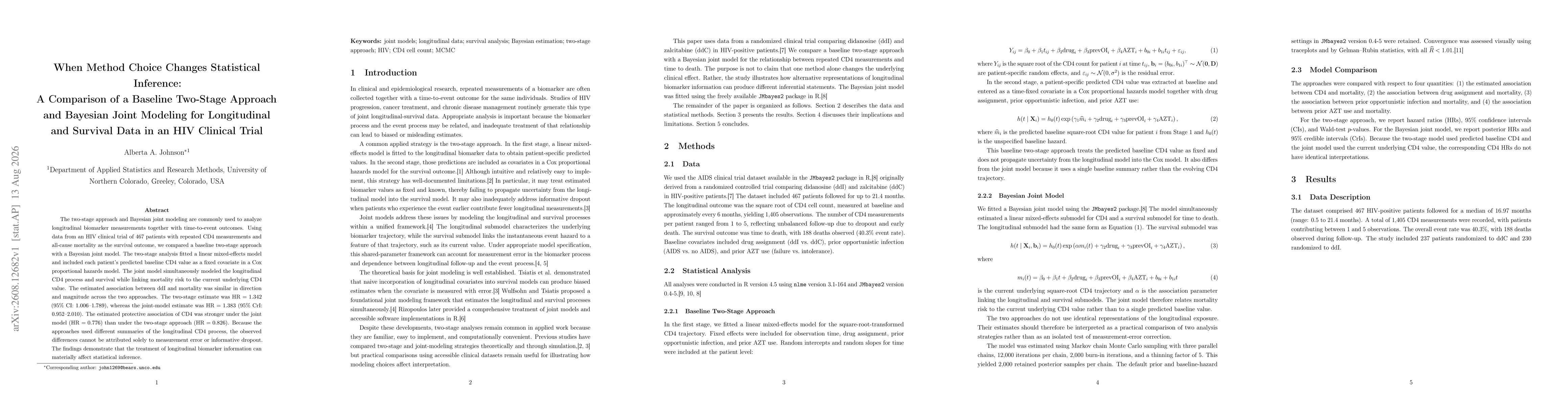 Thumbnail for When Method Choice Changes Statistical Inference: A Comparison of a Baseline Two-Stage Approach and Bayesian Joint Modeling for Longitudinal and Survival Data in an HIV Clinical Trial