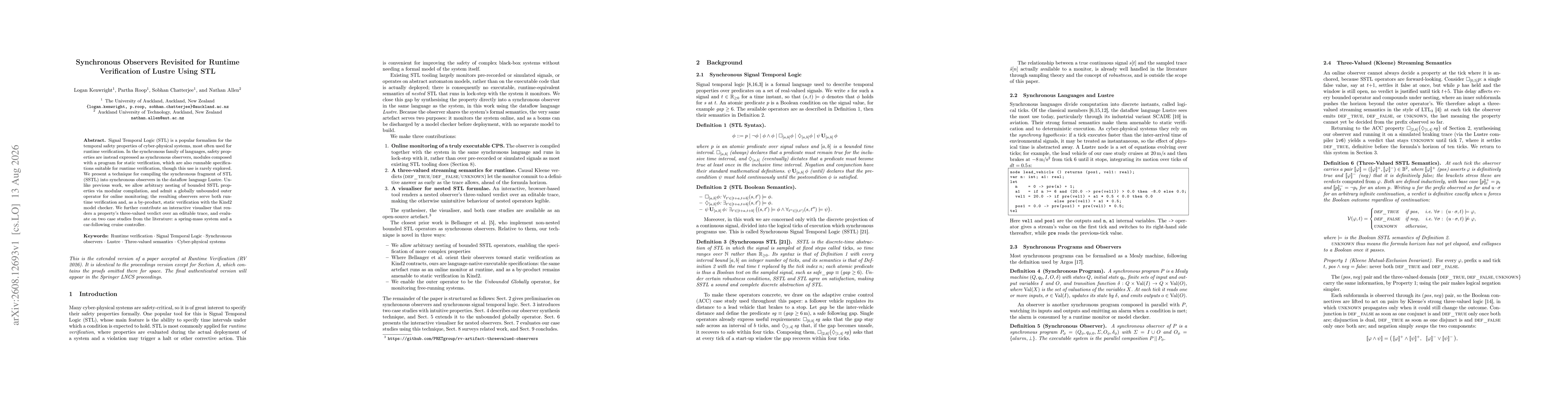 Thumbnail for Synchronous Observers Revisited for Runtime Verification of Lustre Using STL