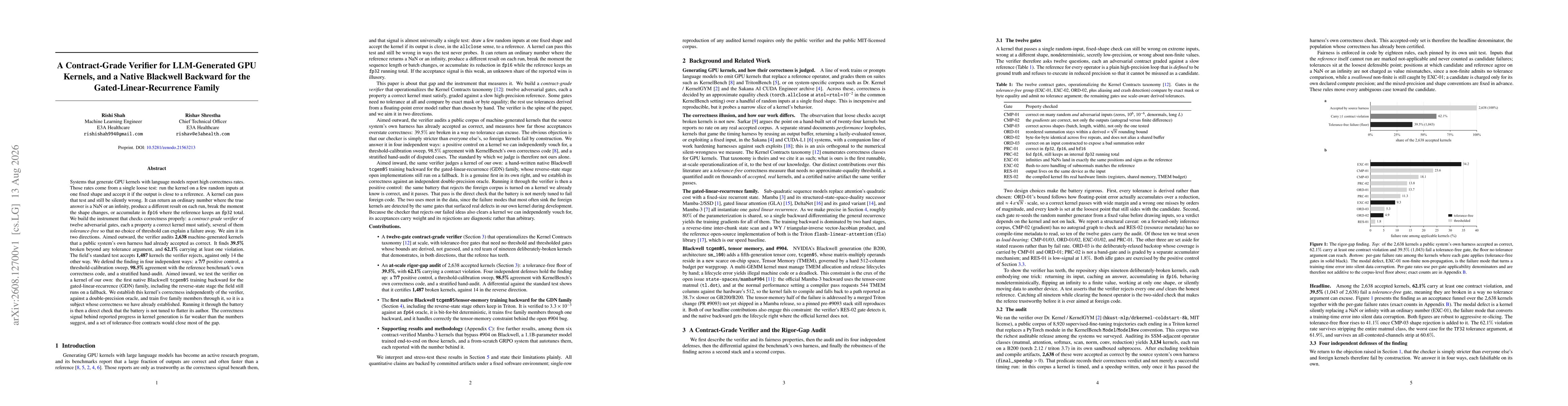 Thumbnail for A Contract-Grade Verifier for LLM-Generated GPU Kernels, and a Native Blackwell Backward for the Gated-Linear-Recurrence Family