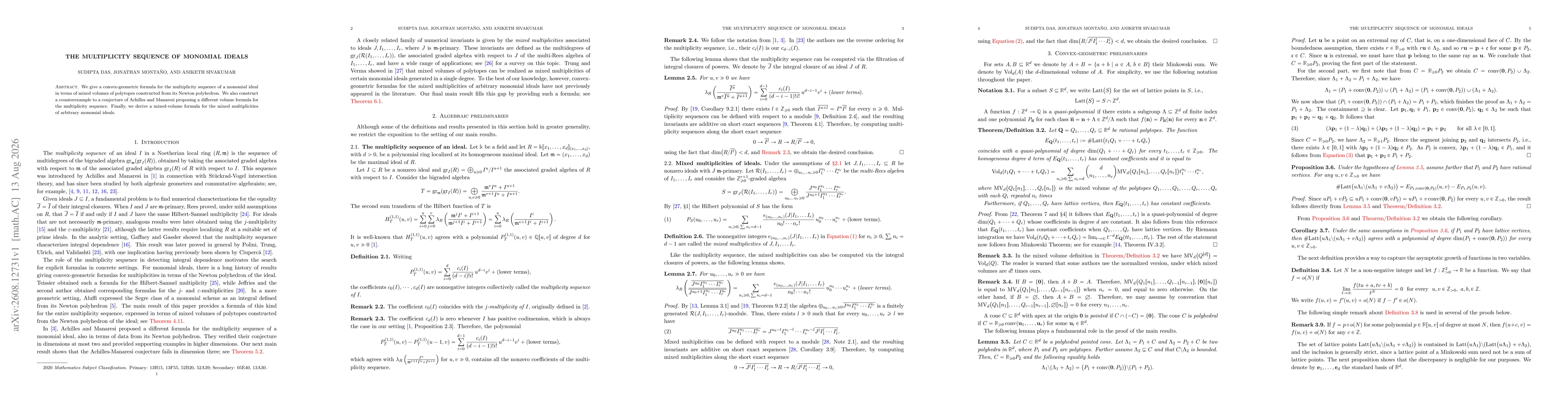 Thumbnail for The multiplicity sequence of monomial ideals