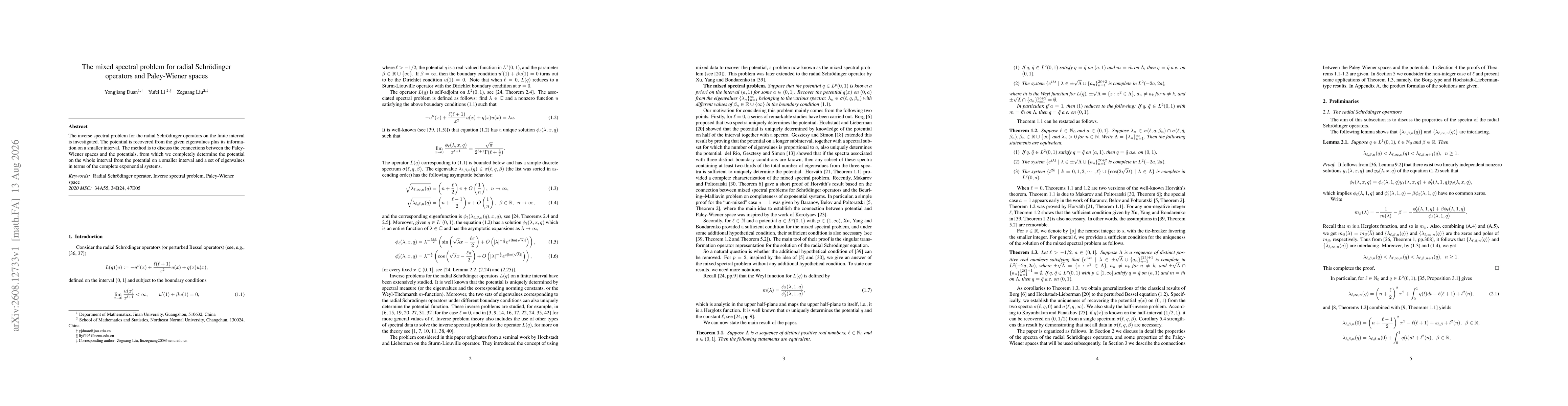 Thumbnail for The mixed spectral problem for radial Schrödinger operators and Paley-Wiener spaces