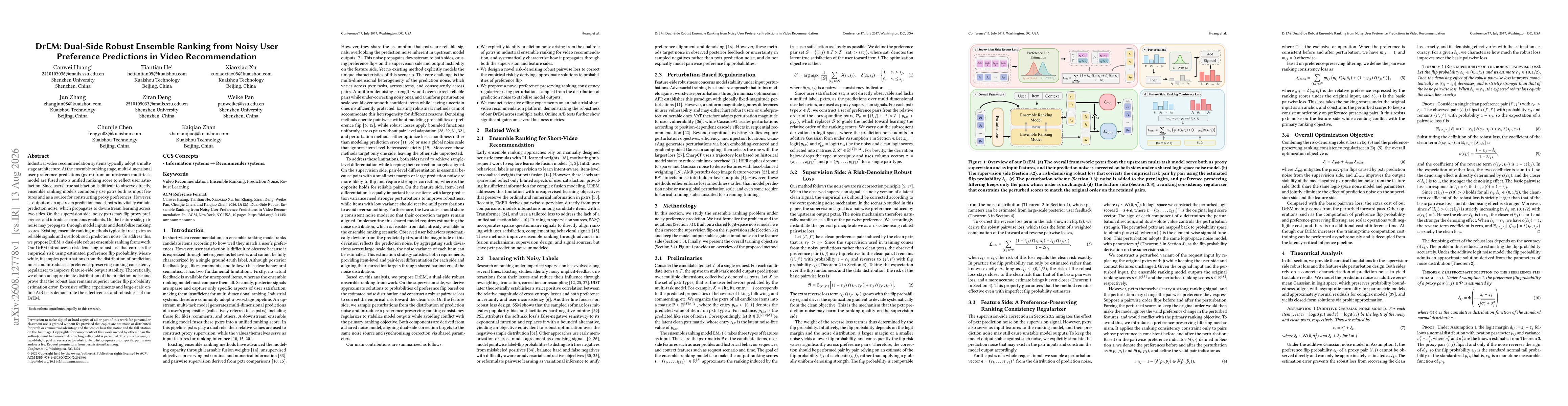 Thumbnail for DrEM: Dual-Side Robust Ensemble Ranking from Noisy User Preference Predictions in Video Recommendation