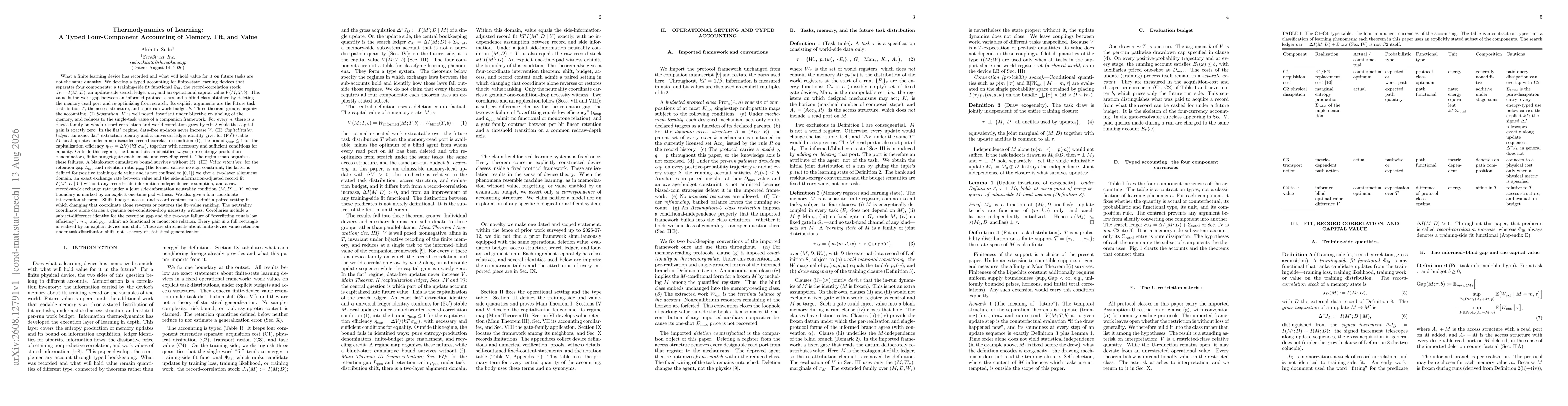 Thumbnail for Thermodynamics of Learning: A Typed Four-Component Accounting of Memory, Fit, and Value