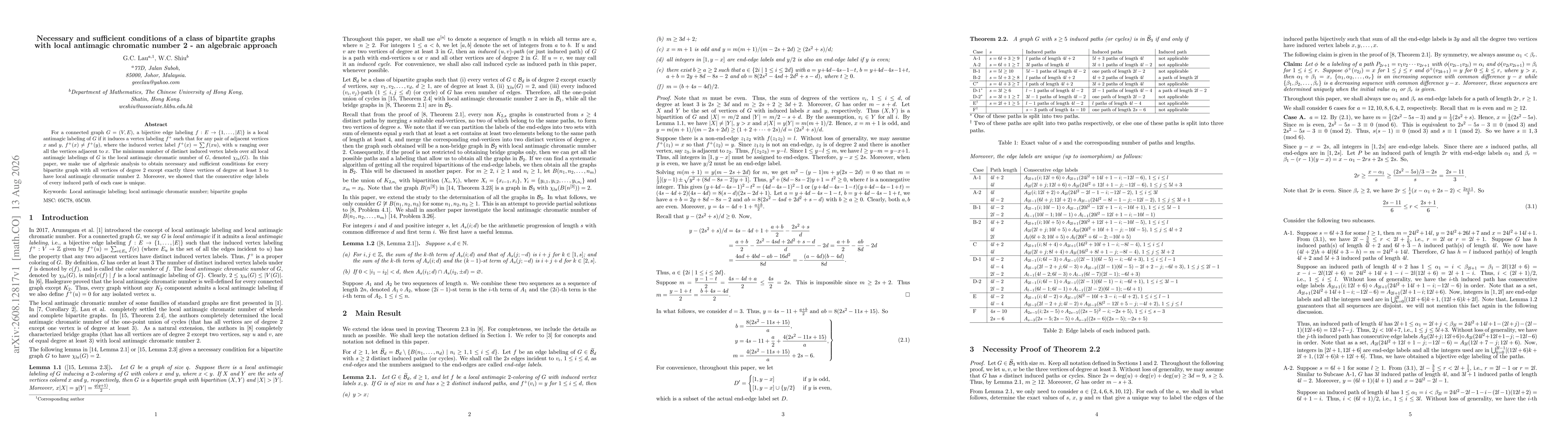 Thumbnail for Necessary and sufficient conditions of a class of bipartite graphs with local antimagic chromatic number 2 - an algebraic approach