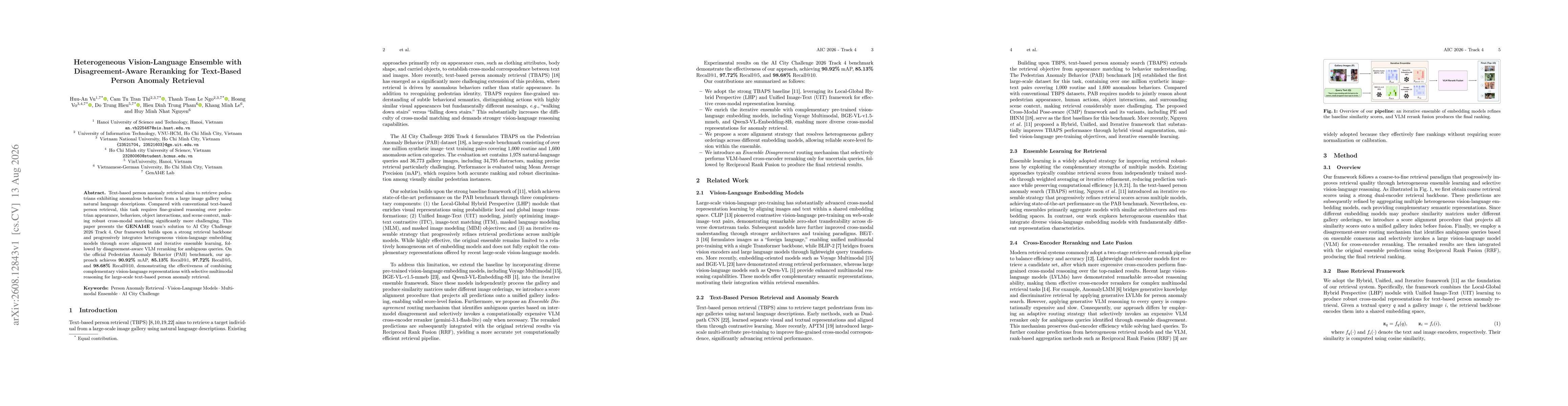 Thumbnail for Heterogeneous Vision-Language Ensemble with Disagreement-Aware Reranking for Text-Based Person Anomaly Retrieval