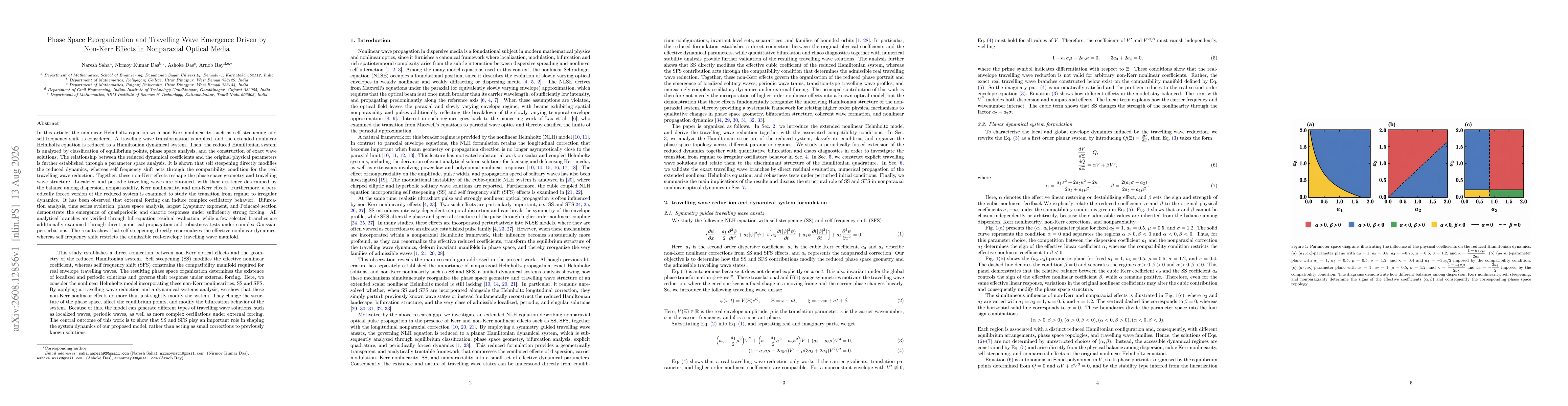 Thumbnail for Phase Space Reorganization and Travelling Wave Emergence Driven by Non-Kerr Effects in Nonparaxial Optical Media