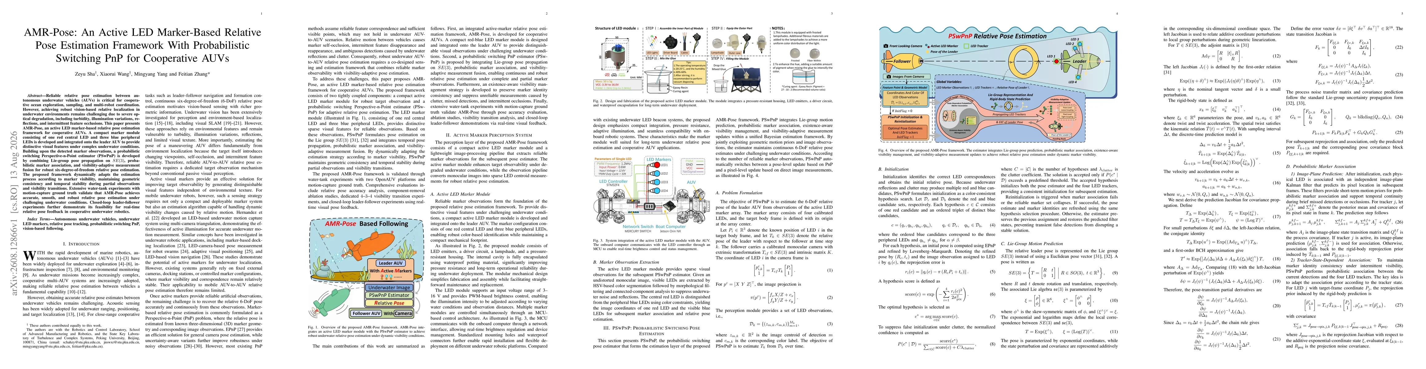 Thumbnail for AMR-Pose: An Active LED Marker-Based Relative Pose Estimation Framework With Probabilistic Switching PnP for Cooperative AUVs