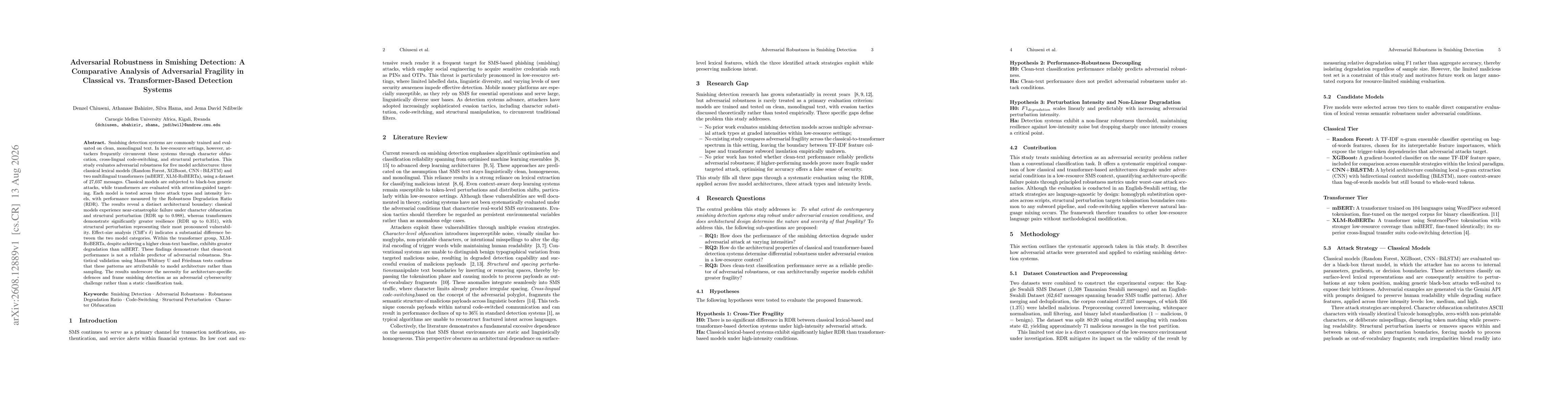 Thumbnail for Adversarial Robustness in Smishing Detection: A Comparative Analysis of Adversarial Fragility in Classical vs. Transformer-Based Detection Systems