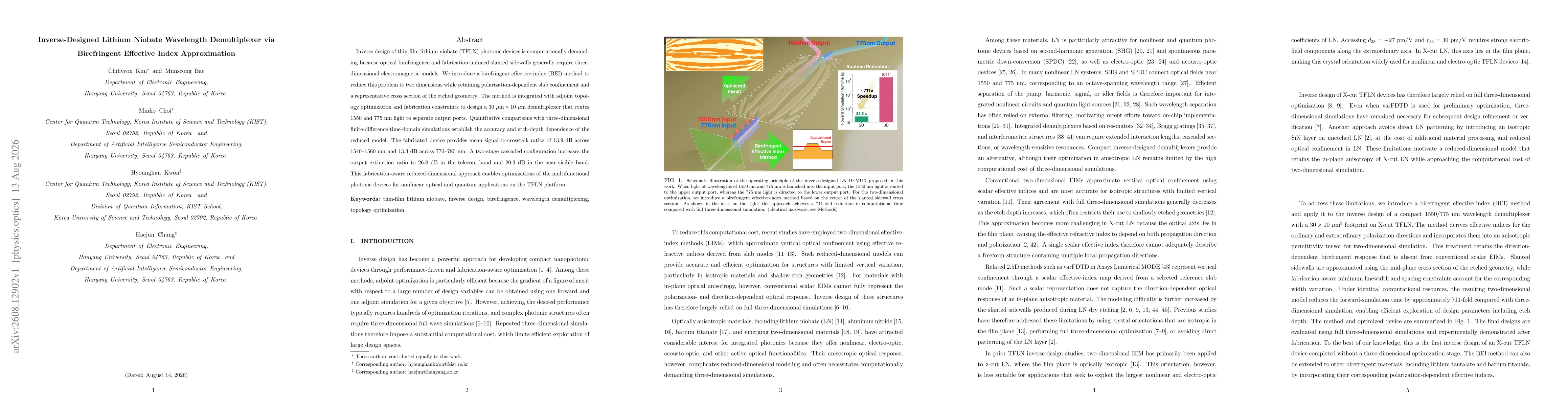 Thumbnail for Inverse-Designed Lithium Niobate Wavelength Demultiplexer via Birefringent Effective Index Approximation