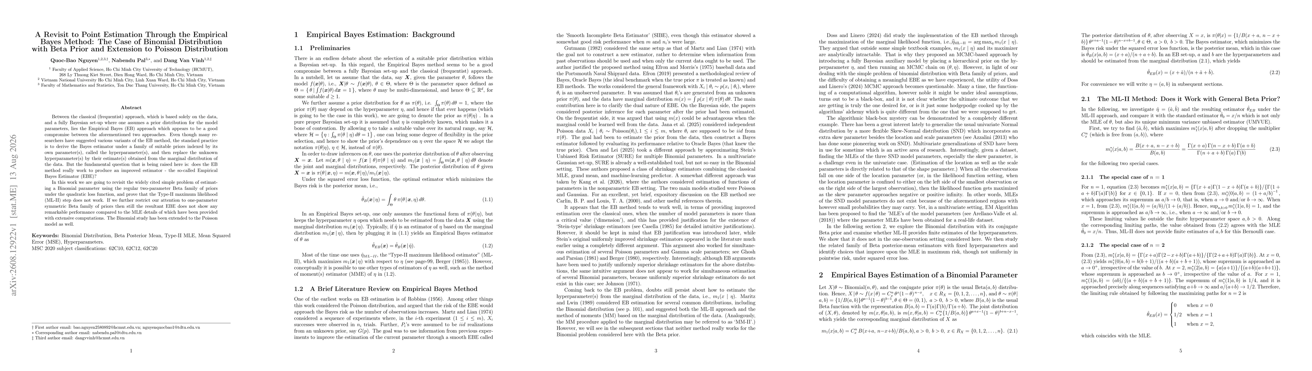 Thumbnail for A Revisit to Point Estimation Through the Empirical Bayes Method: The Case of Binomial Distribution with Beta Prior and Extension to Poisson Distribution