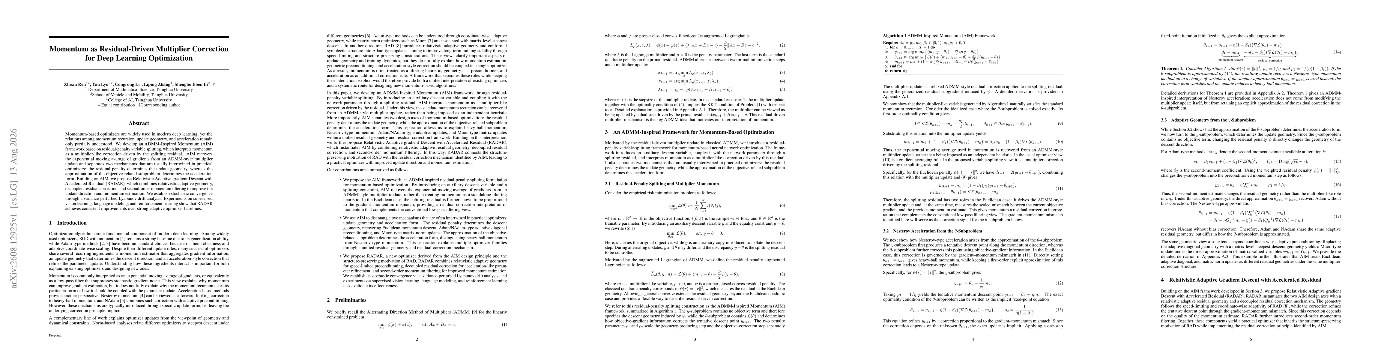 Thumbnail for Momentum as Residual-Driven Multiplier Correction for Deep Learning Optimization