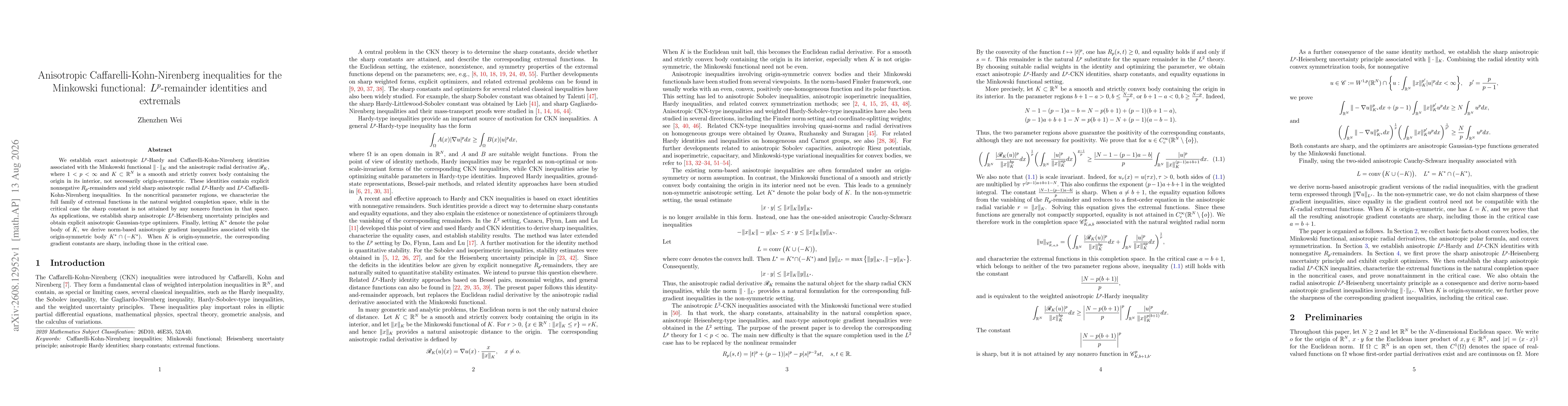 Thumbnail for Anisotropic Caffarelli-Kohn-Nirenberg inequalities for the Minkowski functional: $L^p$-remainder identities and extremals