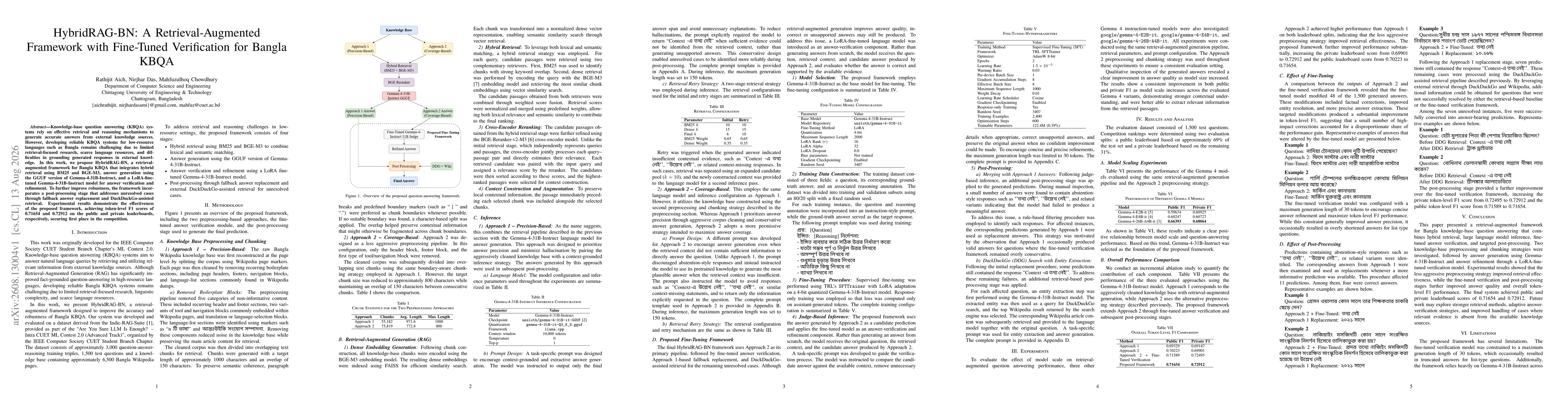 Thumbnail for HybridRAG-BN: A Retrieval-Augmented Framework with Fine-Tuned Verification for Bangla KBQA