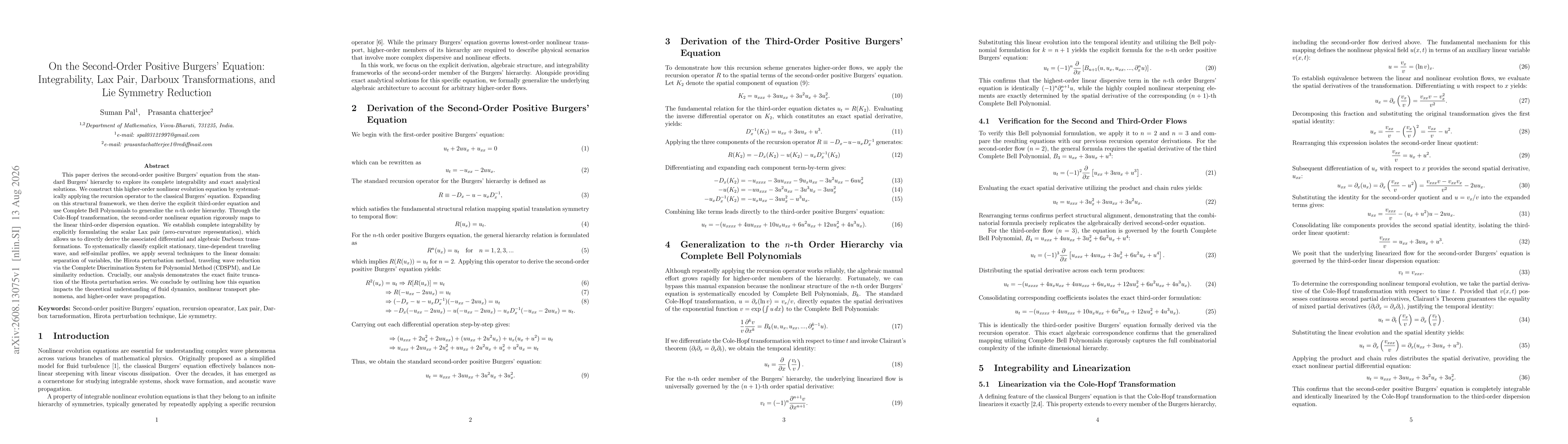 Thumbnail for On the Second-Order Positive Burgers' Equation: Integrability, Lax Pair, Darboux Transformations, and Lie Symmetry Reduction