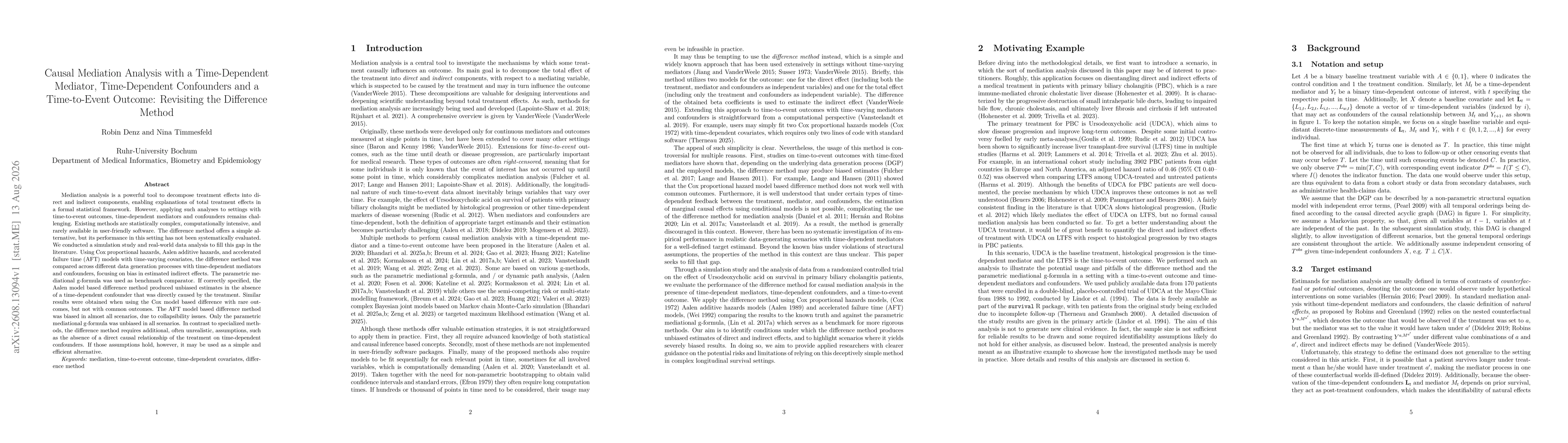 Thumbnail for Causal Mediation Analysis with a Time-Dependent Mediator, Time-Dependent Confounders and a Time-to-Event Outcome: Revisiting the Difference Method
