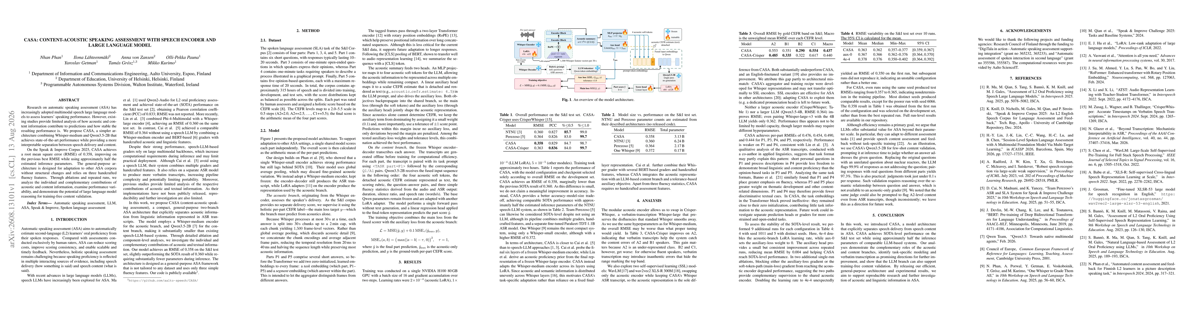Thumbnail for CASA: Content-Acoustic Speaking Assessment with Speech Encoder and Large Language Model