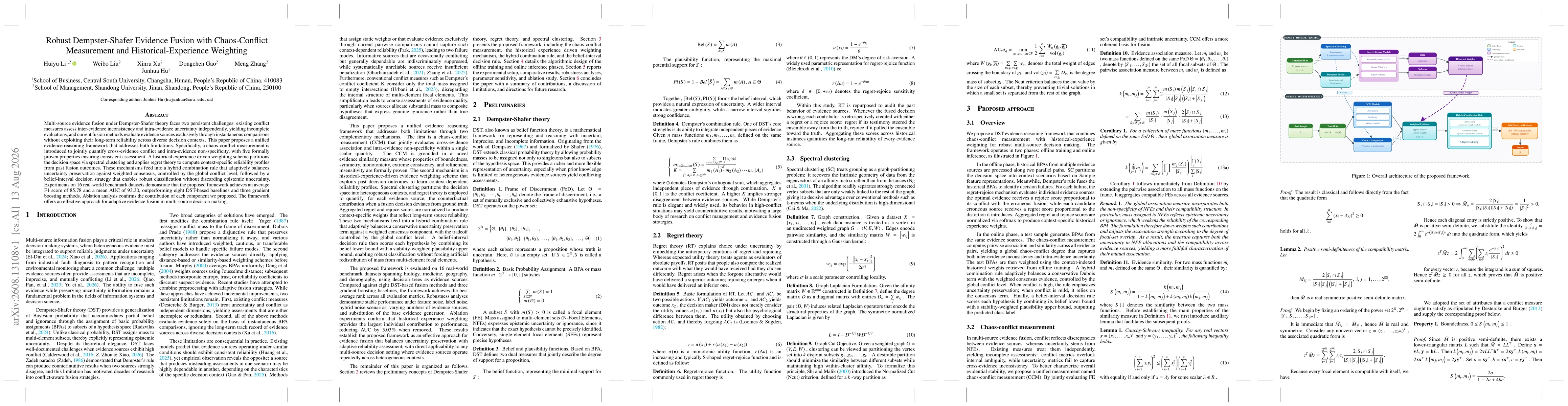 Thumbnail for Robust Dempster-Shafer Evidence Fusion with Chaos-Conflict Measurement and Historical-Experience Weighting