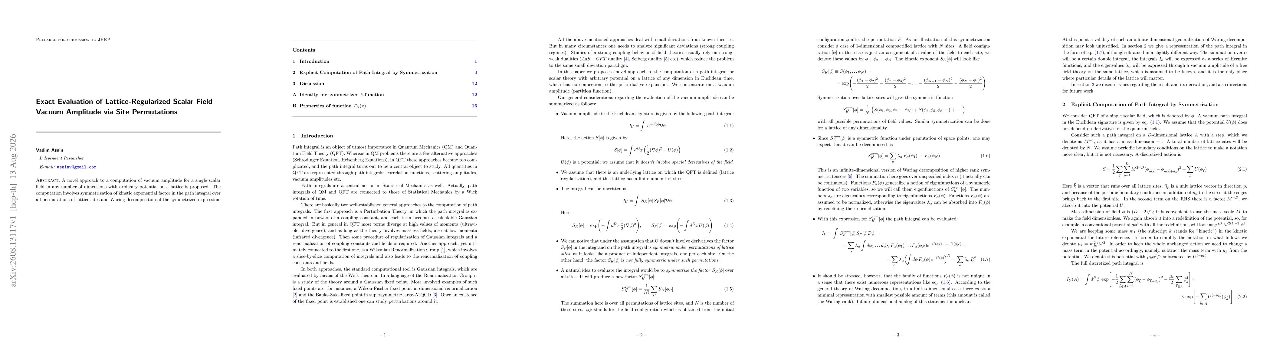 Thumbnail for Exact Evaluation of Lattice-Regularized Scalar Field Vacuum Amplitude via Site Permutations