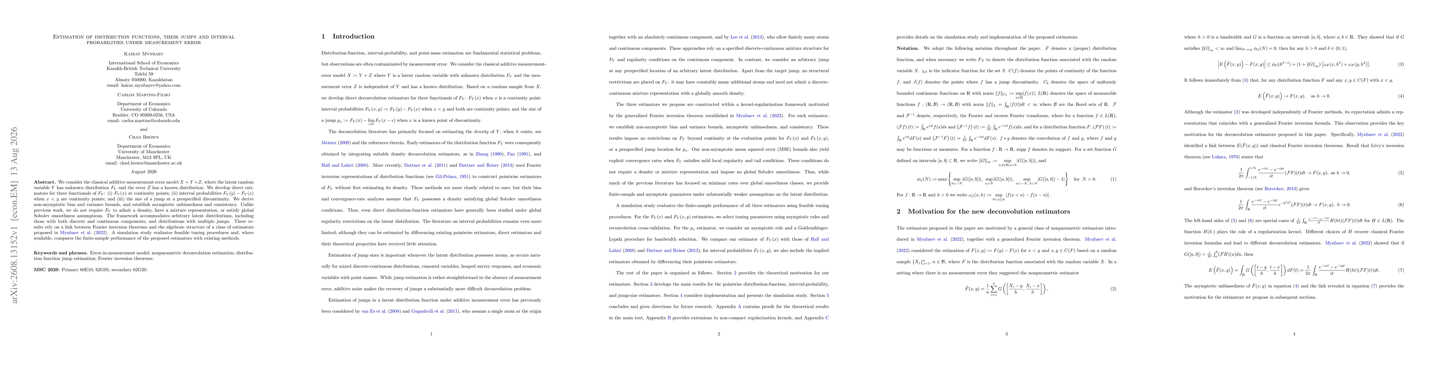 Thumbnail for Estimation of distribution functions, their jumps and interval probabilities under measurement error