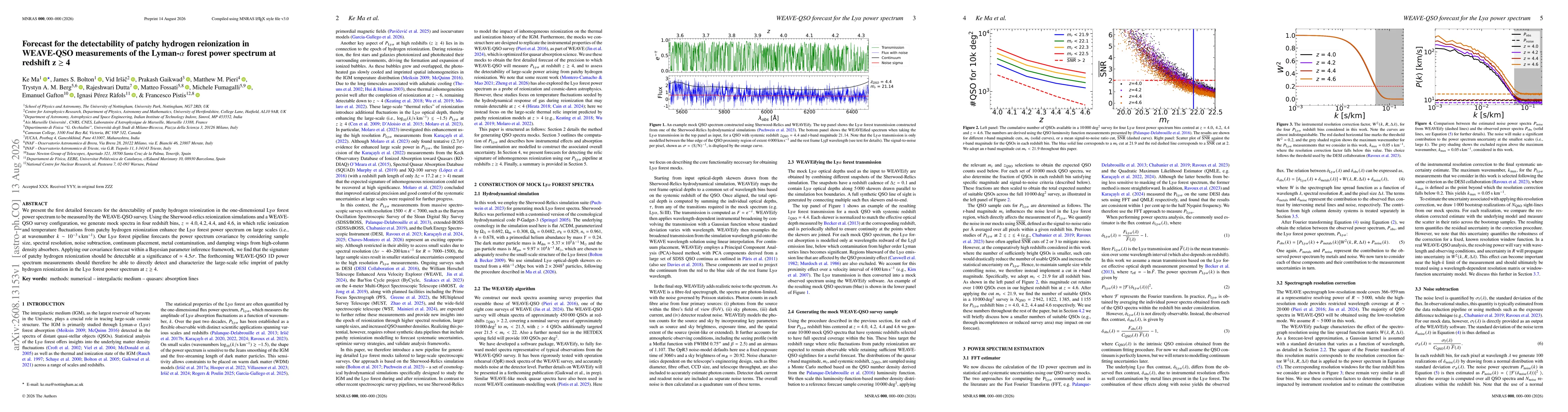 Thumbnail for Forecast for the detectability of patchy hydrogen reionization in WEAVE-QSO measurements of the Lyman-$α$ forest power spectrum at redshift $z \geq 4$