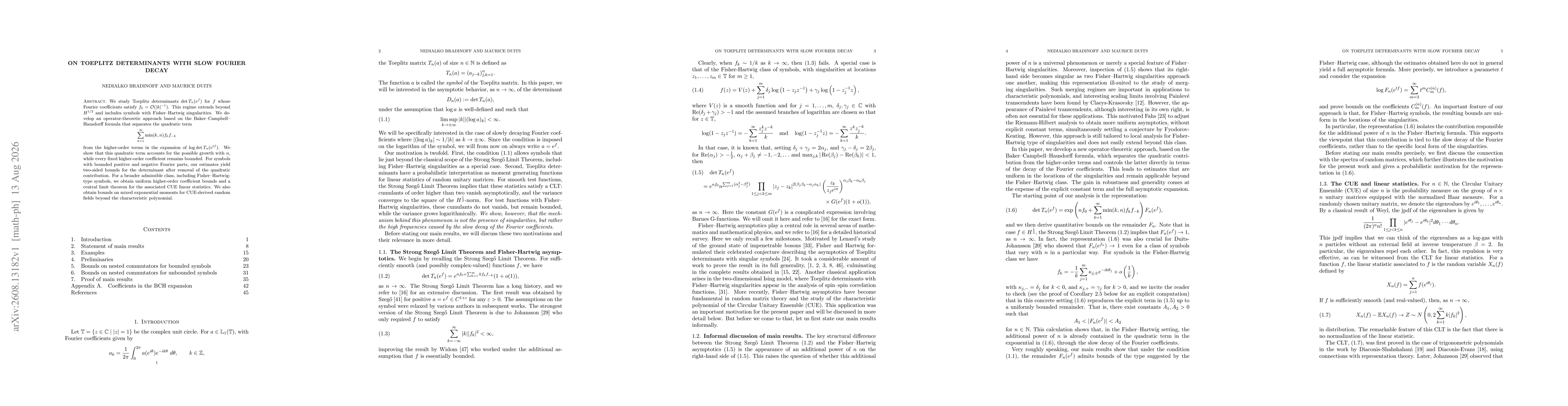 Thumbnail for On Toeplitz determinants with slow Fourier decay