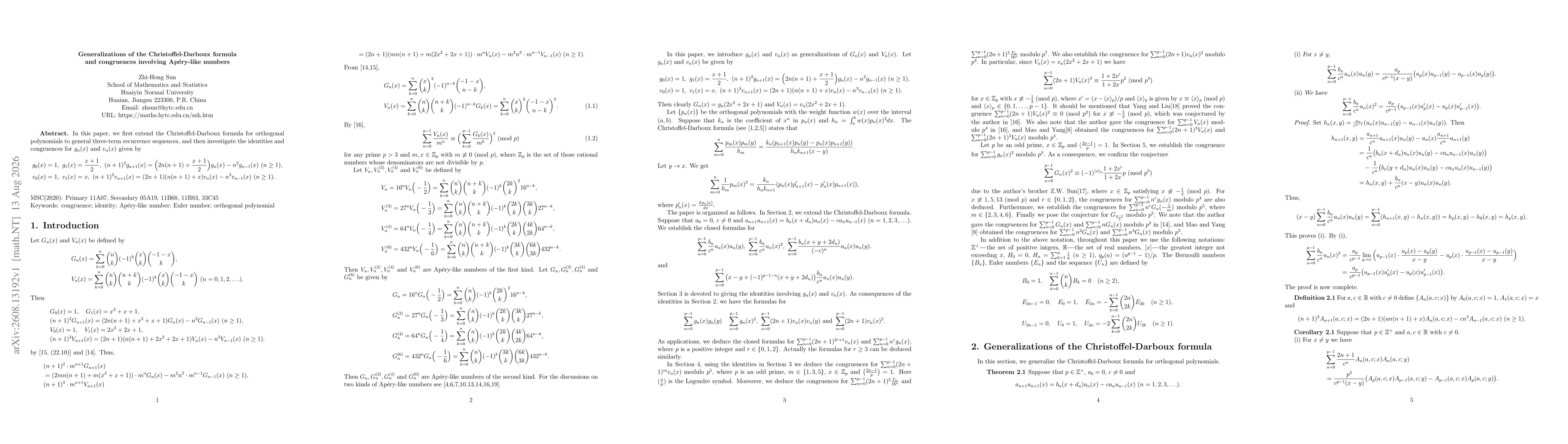 Thumbnail for Generalizations of the Christoffel-Darboux formula and congruences involving Apéry-like numbers