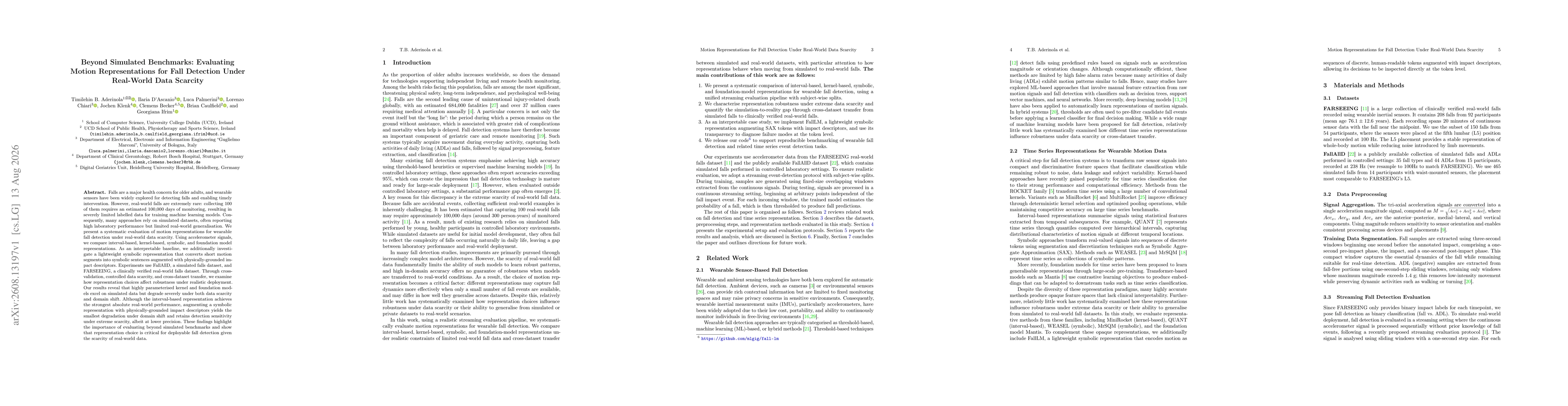 Thumbnail for Beyond Simulated Benchmarks: Evaluating Motion Representations for Fall Detection Under Real-World Data Scarcity